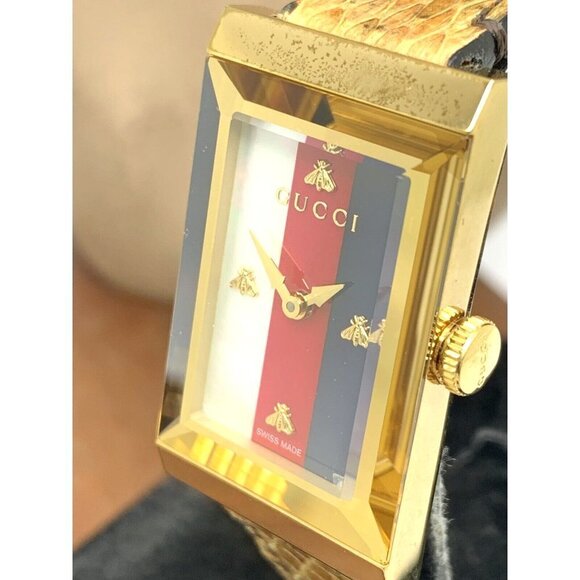 Gucci Women's Watch YA147402 G-Frame Gold Rectangular Dial Swiss Quartz Leather - Picture 1 of 13